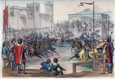 Turnering i anledning bryllupet til Isabelle (Isabella, Elizabeth) av Baviere (1371-1435) og Charles VI - Turnering i anledning ekteskapet til Isabelle (Isabella, Elizabeth) av Bayern (1371-1435) og Charles VI av Frankrike - gravering fra av Unknown artist