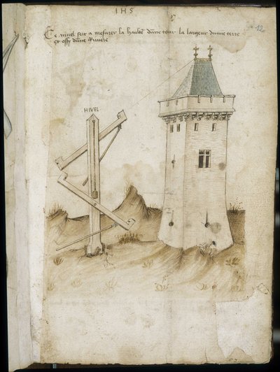 Tårnmålemaskin - Manuskript: pergamentark av en ingeniørhåndbok for bygging av sivile, religiøse og militære bygninger, anonym, sent på 1400-tallet (figur med kinesisk blekk) av Unknown artist