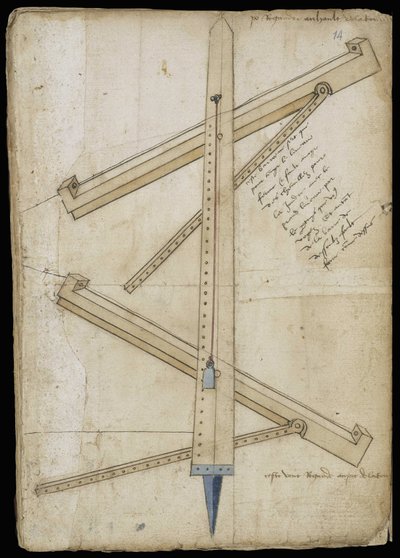 Tårnmålemaskin - Manuskript: pergamentark av en ingeniørhåndbok for bygging av sivile, religiøse og militære bygninger, anonym, sent på 1400-tallet (figur med kinesisk blekk) av Unknown artist