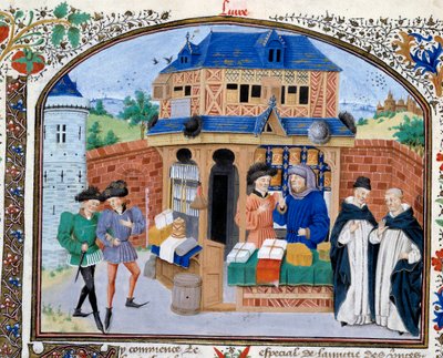 Handel: en handelsbutikk. Miniatyr fra manuskriptet "" Commentary on Ethics"" av den greske filosofen Aristoteles (383-322 f.Kr.) oversatt av Nicolas Oresme (1325-1382) av Unknown artist