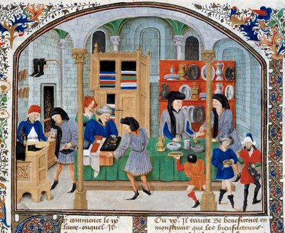 Handelsscene: kjøpmenn i en butikk presenterer servise og sølvtøy til kundene sine. Miniatyr hentet fra en utgave av "Ethical, Political and Economic"" av den greske filosofen Aristoteles (384-322 f.Kr.) av Unknown artist
