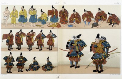 Tradisjonelle japanske samuraiklær - i "" The Historical Costume"" av Racinet av Unknown artist