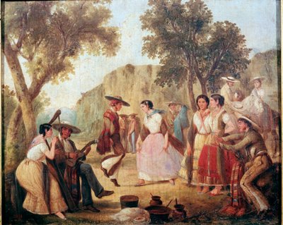 Tradisjonell meksikansk dans, maleri fra 1800-tallets Mexico, National Historic Museum, Chapultepec Castle av Unknown artist