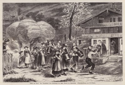 Tradisjonell ringing med kubjeller for å feire innbringelsen av den siste avgrøden i Alpbachtal, Tyrol, Østerrike (gravering) av Unknown artist