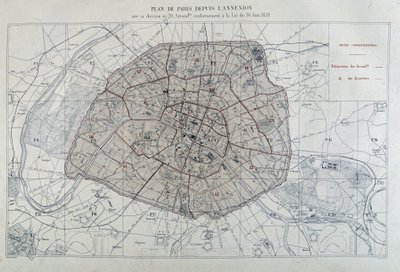 Transformasjoner av Paris under det andre imperiet, Haussman Paris. Kart over Paris siden annekteringen med dens inndeling i 20 arrondissementer, i samsvar med loven av 16. juni 1859 - i "Administrativ atlas over arrondissementene i byen Paris" av Unknown artist