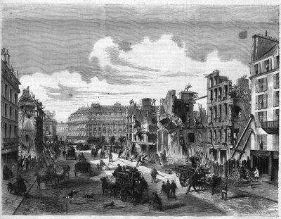 Transformasjoner av Paris under det andre imperiet, Paris Haussmann (Boulevard, Haussmann arbeider): riving av Rue de la Paix for åpningen av Rue Reaumur. Gravering i "" The Illustrious Universe"" av Unknown artist