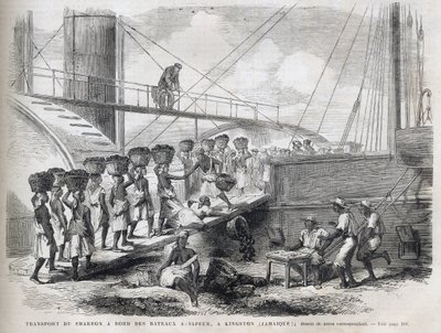 Transport av kull om bord på dampskip i Kingston (Jamaica) - Lasting av kull i Kingston - Jamaica - 1866 Gravering fra "" The Illustrous Universe"" 1866 av Unknown artist