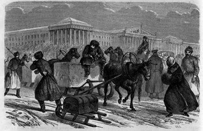 Transport av is i St. Petersburg, Russland. Gravering i «The Youth Journal» av Unknown artist