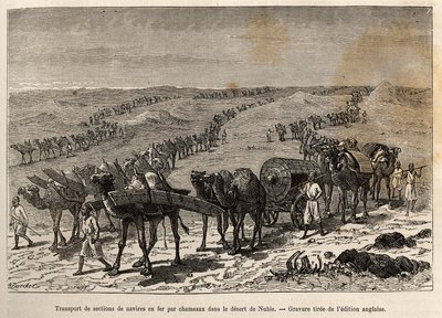 Transport av jernskipsseksjoner med kameler, i ørkenen i Nubia (Sudan), gravering som illustrerer en væpnet ekspedisjon i Sentral-Afrika, for undertrykkelse av svarthandelen av Unknown artist