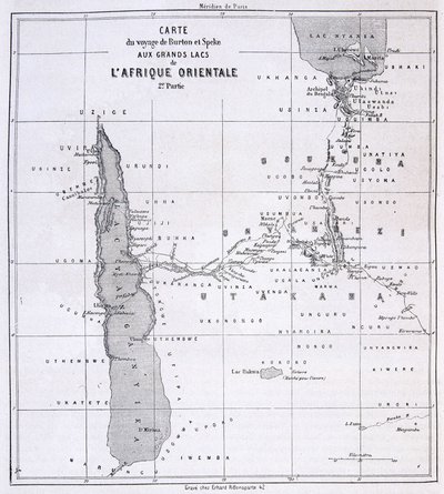 Reisekart over Richard Francis Burton, britisk oppdagelsesreisende (1821-1890) og Speke til de store innsjøene i Øst-Afrika 1857-59 - i Tour du Monde av Unknown artist