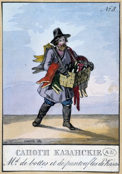 Omreisende kjøpmann av støvler og tøfler av Kasan - Gravering fra 1800-tallet av Unknown artist
