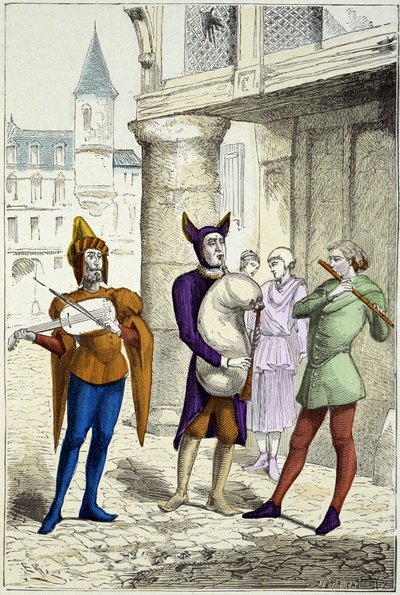 Omreisende musikere på 1400-tallet - i "" Costumes de Paris gjennom århundrene"" av Unknown artist