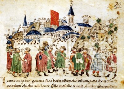 Omreisende pilegrimer ankommer Roma. 1300-tallet. Chronicles Sercambi. Lucca, Nasjonalarkivet. av Unknown artist