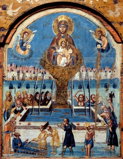 Triptych of the Virgin, kilde til liv Jomfruen galer over en mirakuløs vannfontene. Sentral panneu, maleri på tre fra Midtøsten. Musee des Beaux Arts i Rouen fra 1800-tallet av Unknown artist