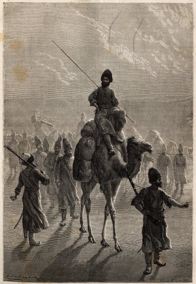 Tyrkiske fanger ført til Teheran med det formål å utveksle nag eller utveksle mot andre fanger. Gravering for å illustrere historien om Henri de Blocqueville "14 mois de captivite chez les turcomans"" mellom 1860 og 1861, i "Le tour du mo av Unknown artist