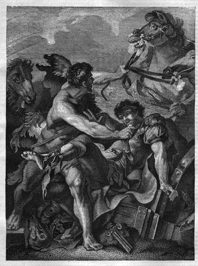 Twelve works of Hercules: Diomede kills by Hercules and eats by his own horses. engraving after the painting of Jean-Baptiste-Marie (Jean Baptiste Marie) Peter. (1714-1789) av Unknown artist