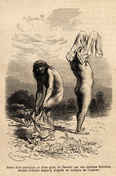 To Siriniris-indianere prøver å kle på bukser og vest, som et medlem av ekspedisjonen hadde lagt til tørk ved bredden av innsjøene ved foten av Mount Basiri (Peru). Engravure pour illustrrer le voyage dans les vallees de Quinquinas (Peru), av Paul Marcoy,  av Unknown artist