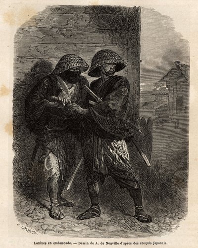 To roniner (samurai har mistet sin herre) som står i bakhold. Gravering for å illustrere reisen til Japan, i 1863-1864, av Aime Humbert, minister for det sveitsiske konføderasjonen, i "" Le tour du monde, nouveau journal des voyages"" publisert under regi av Unknown artist