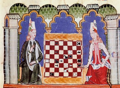 To kvinner som spiller sjakk. Miniatyr fra manuskriptet "" Libro de los juegos"" av Alfonso X the Wise or the Savant (på spansk, Alfonso X el Sabio av Unknown artist