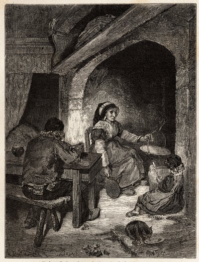 Un foyer d'auberge à Saint Cernin, gravering for å illustrere en reise til vulkanene i det sentrale Frankrike i 1864, i "Le tour du monde, nouveau journal des voyages"" utgitt under ledelse av Edouard Charton av Unknown artist