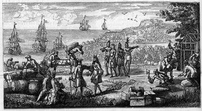 Unbarking of supplies in the French colonies of America. Pen drawing places a head of a memoire of Vauban on “The colonies”” in the manuscript of his “Oisivetes”” preserved at the Depot des Fortifications. Engraving in “” La Nature: revue des sciences et d av Unknown artist