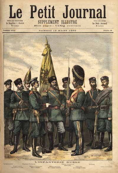 Uniformer av det russiske infanteriet, alliert med Frankrike, fra venstre mot høyre: grensevakten, vaktsersjantmajoren, Pavlowski-regimentet, offiseren, den overordnede offiseren, palassgrenaderen, artilleriuniformen og soldaten. Gravering i av Unknown artist