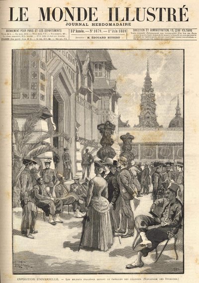 Universell utstilling 1889 - Urfolkssoldater foran Colonial Pavilion (Esplanade des Invalides). Omslag “” Le Monde Illustré”” fra 01.06.1889. av Unknown artist