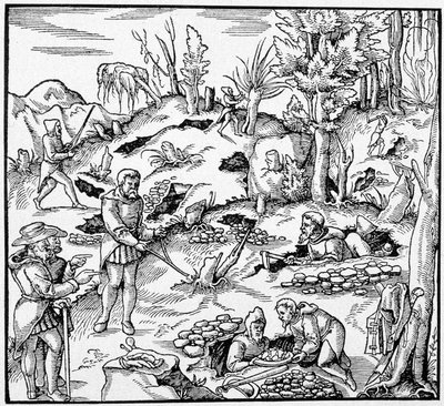 Bruk av den magiske bøtten til å lete etter jordens skatter - i "The Book of Mines"" av Agricola av Unknown artist