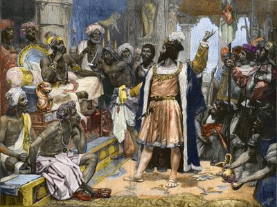 Vasco da Gama leverer brevet til kong Manuel av Portugal til Samorim av Calicut - etter maling, ca. av Unknown artist