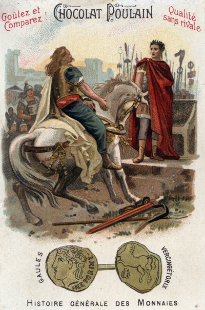 Vercingetorix (72-46 BC), leader of the Gallic rebellion, lays down arms at the feet of Cesar (100-44 BC), after definitively losing the city of Alesia - In General History of Coins - Chocolate-Foal Chromolithography of the late 19th century - Private Coll av Unknown artist