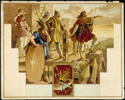 Vercingétorix omgitt av gallere, krigere, kvinner og barn - Kromolitografi av Unknown artist