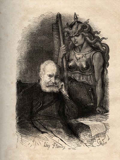 Victor Hugo sittende med en krigsgudinne - gravering fra "" Det forferdelige året"" ("Det forferdelige året"), en serie dikt som omhandler beleiringen og traumet ved å miste sin så - Victor Hugo, haante par la gudinnen de la guerre gravering i "" L