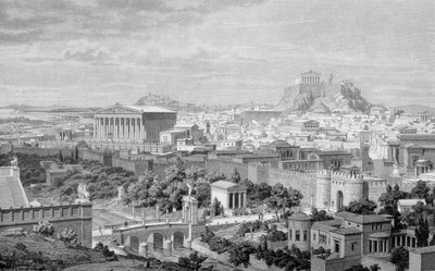 Utsikt over Athen, Hadrians tempel og Akropolis. av Unknown artist