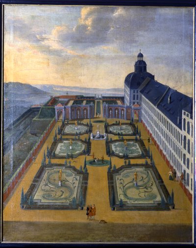 Utsikt over Friedenstein fra nordøst med barokkhage av Unknown Artist