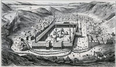 Utsikt over Mekka og dens store moske på tidspunktet for pilegrimenes besøk - gravering fra 1800-tallet av Unknown artist