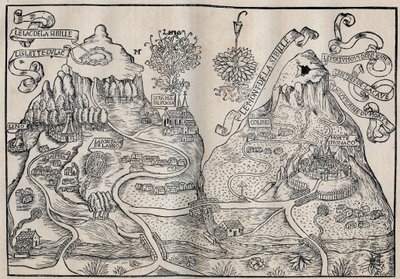 Utsikt over Mount Sibille (Paradise of Queen Sybille) (Dobbelt kart over Mount Pilatus og Mount Sibyl) - Antoine de La Sale (La Salle) fransk satirisk forfatter fra 1400-tallet. av Unknown artist