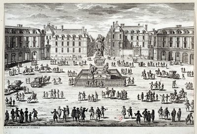 Utsikt over Place des Victoires i Paris med statuen av Ludvig XIV reist av marechal de la Feuillade i 1686. Gravering av Paris fra 1600-tallet, Musee Carnavalet av Unknown artist