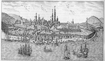 Utsikt over Quebec City i Canada (slutten av 1600-tallet): A. Jardin du fort. B. Fortet. C. Pulverlager. D. Les Recollets. E. Ursulines. F. Jesuitene. G. Katedralen. H. Seminaret. I. Hotel Dieu. L. Generelt sykehus. Mr. L