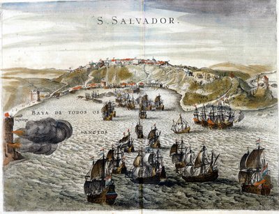 Utsikt over Salvador, tidligere kjent som Bahia, hovedstaden i Brasil i 1549, da den ble grunnlagt - Gravering av 1500-tallet av Unknown artist