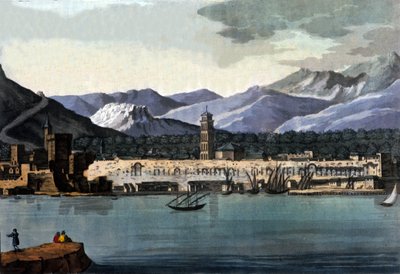 Utsikt over Split (Spalato), Kroatia, fra havet. Akvarell fra begynnelsen av 1800-tallet av Unknown artist