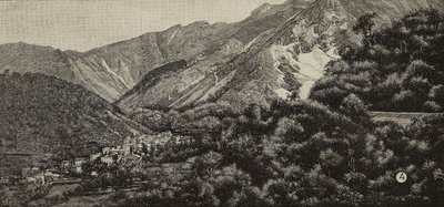 Utsikt over Torano nær Carrara, Italia, i bakgrunnen et marmorbrudd, gravering fra et fotografi av A. Noak fra L#39;Illustrazione Italiana, år XXI, nr. 4, 28. januar av Unknown Artist