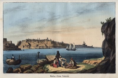 Utsikt over Valletta (Malta) på 1800-tallet - gravering fra "" skikker og tradisjoner til alle folkeslag i universet. Det vil si historien om regjeringen, lovene, militsen, om religionen til alle nasjoner fra de fjerneste tider til i dag "1856 av Unknown artist