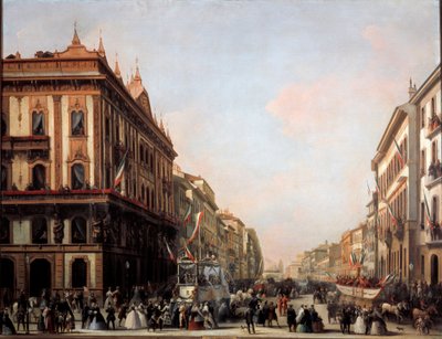 Utsikt over gaten Venezia med karnevalsflåte, Milano (maleri av Unknown artist