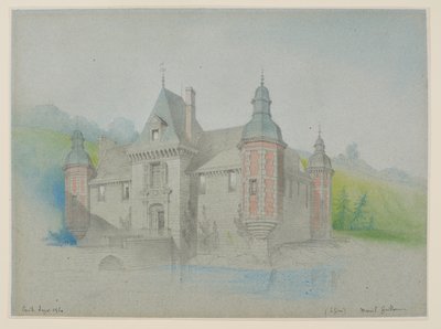 Utsikt over et slott ved en elv av Unknown artist