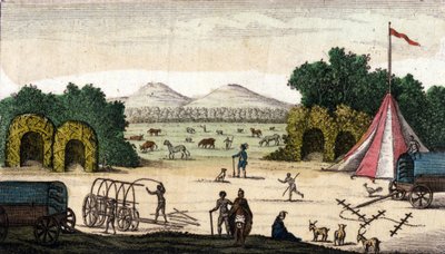 Utsikt over en nederlandsk leir (fra Pioneers Boers eller Voortrekkers, Afrikaners) i Pampoen Kraal (Pampoen-Kraal), Cape Province, Sør-Afrika. 1860 av Unknown artist