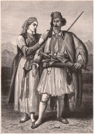 Utsikt over et par i albansk tradisjonell drakt på XIX århundre av Unknown