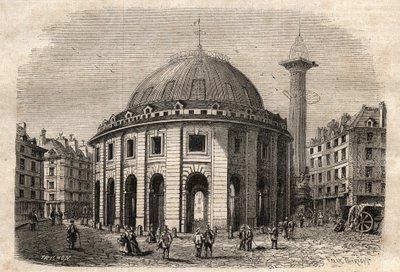 Utsikt over halle au ble i Paris (bygget i 1763-1769) og Medici-søylen, gravering fra begynnelsen av 1800-tallet - hvete- og maisutveksling i Paris (bygget i 1763-1769), gravering tidlig på 1800-tallet - Vue de la Halle au ble, plassert på det nåværende Ho av Unknown artist