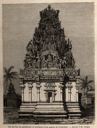 Utsikt over en av gombrooonene eller portikoene til en pondichery-pagode (Pondicherry) (India). Gravering for å illustrere en ekspedisjon til pagoden Chillambaran (Coromandel cote), fra 1838 til 1844, av kontraadmiralen Paris, direktør for depot des cartes av Unknown artist