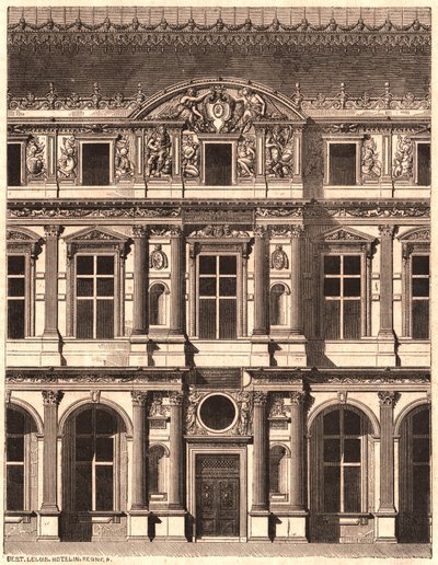 Utsikt over en del av fronten av gårdsplassen til Louvre, Paris, Frankrike av Unknown
