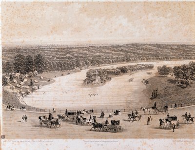 Utsikt over Bois de Boulogne i Paris. Litografi fra 1850. Privat samling av Unknown artist